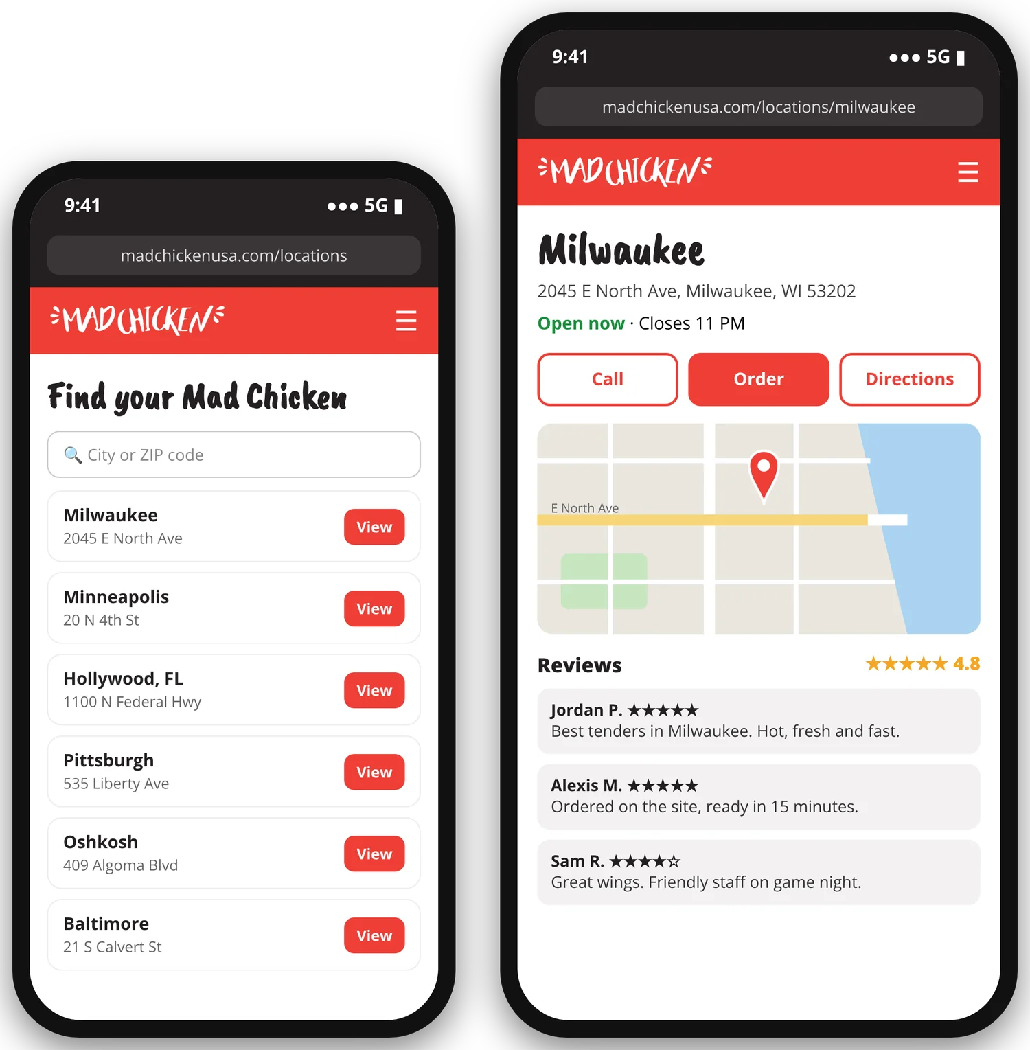 Concept mockup of a mobile locations list and a Milwaukee location page with Call, Order and Directions buttons