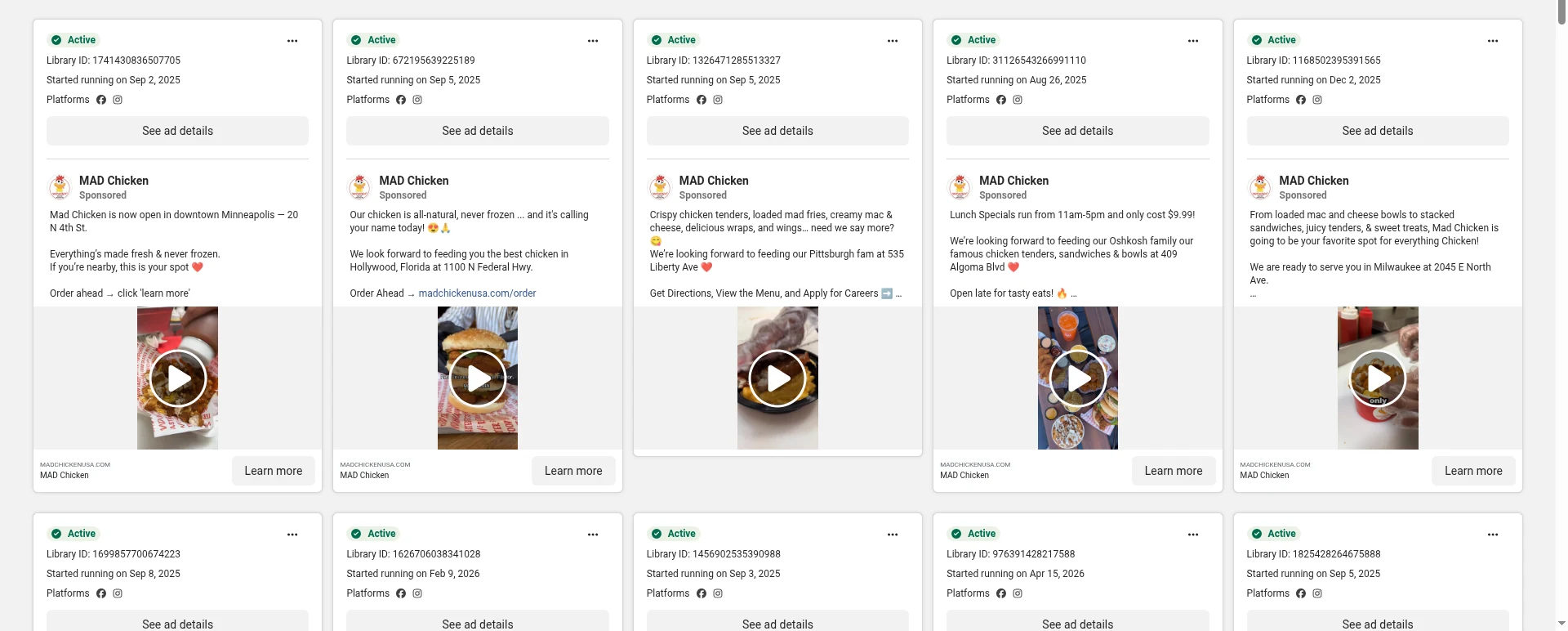 Meta Ad Library showing active Mad Chicken ads, one for each location
