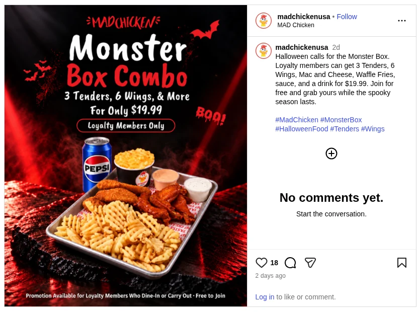 Instagram post: Halloween Monster Box Combo, 18 likes and no comments
