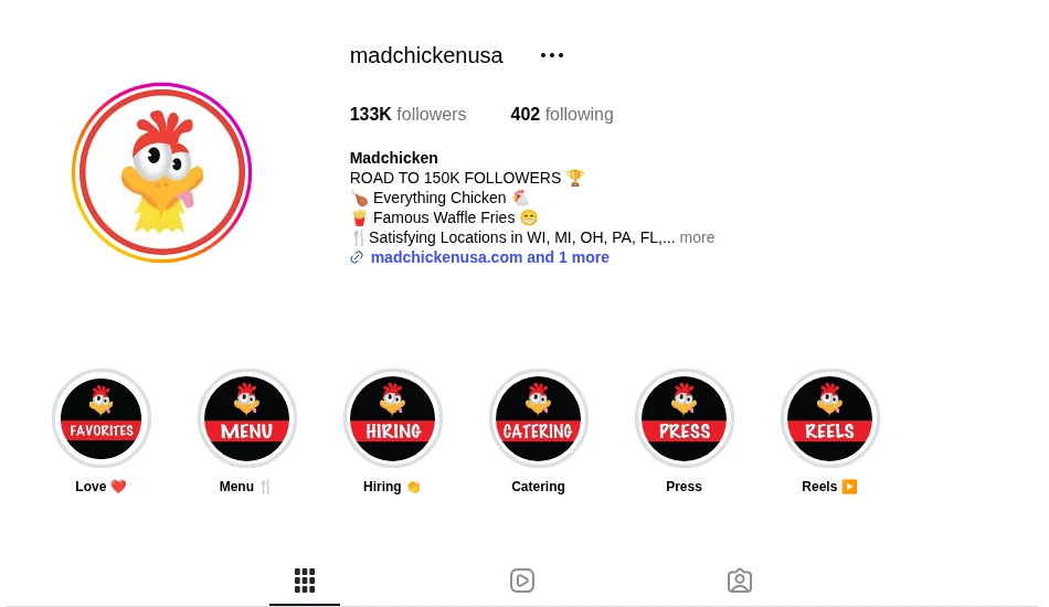 Instagram profile madchickenusa with 133K followers