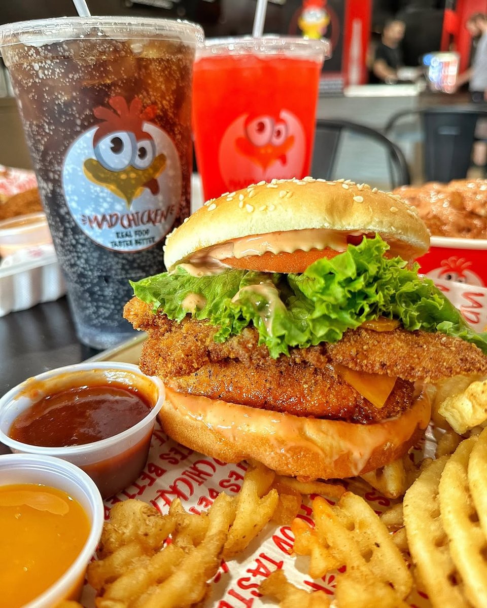 Chicken sandwich combo with waffle fries and drinks